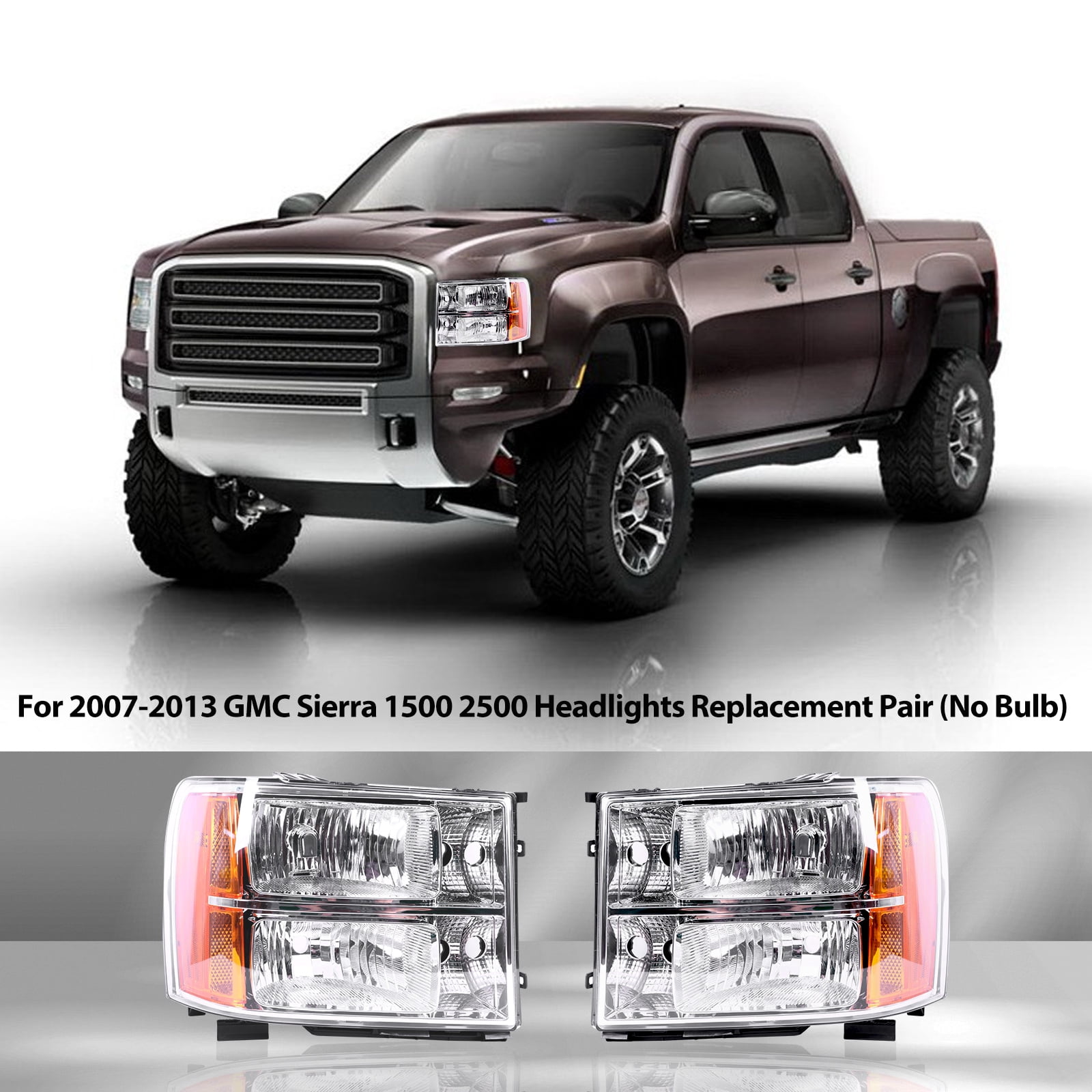SOCKIR Headlight Assembly Pair For 2007-2014 GMC Yukon/Yukon XL - Chrome Housing With H13 Bulbs