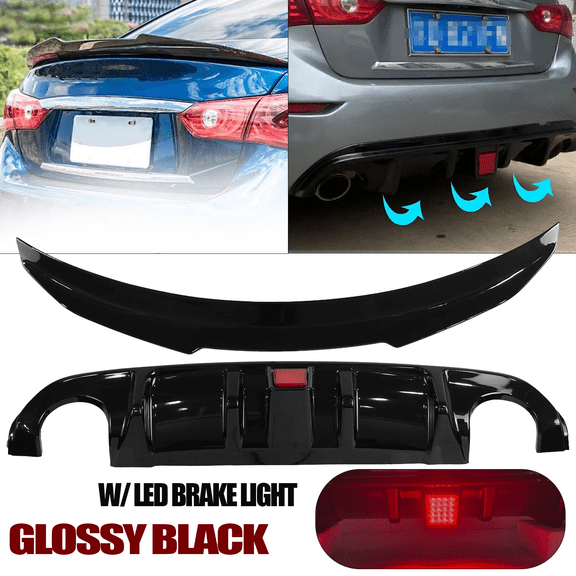 Fit 2014 2015-2017 Infiniti Q50 Glossy Black Rear Bumper Diffuser & Rear Spoiler