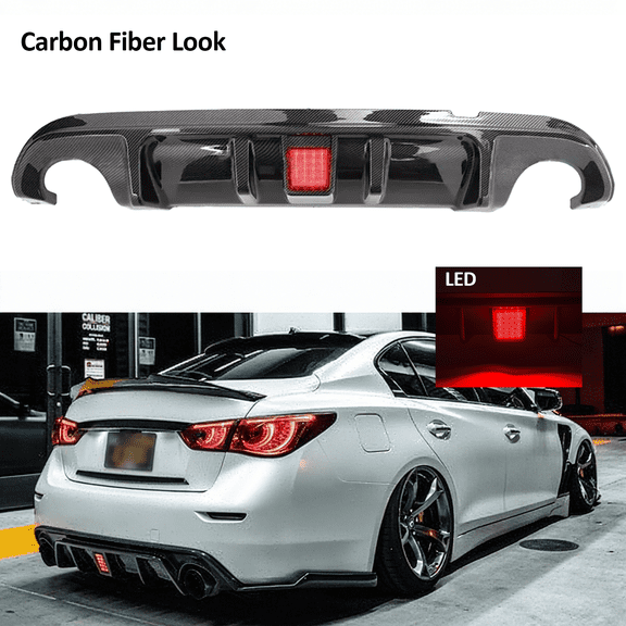 Fit 2014-2017 INFINITI Q50 Carbon Fiber REAR BUMPER DIFFUSER LED BRAKE LIGHT
