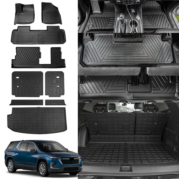 Bomely TPE All Weather Floor Mats & Cargo Backrest Liner Set, Fits Chevy Traverse 18-23 & 24 Limited 8-Seater