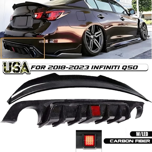 Fit 2018-2024 Infiniti Q50 Rear Bumper Diffuser & Spoiler Carbon Fiber Style