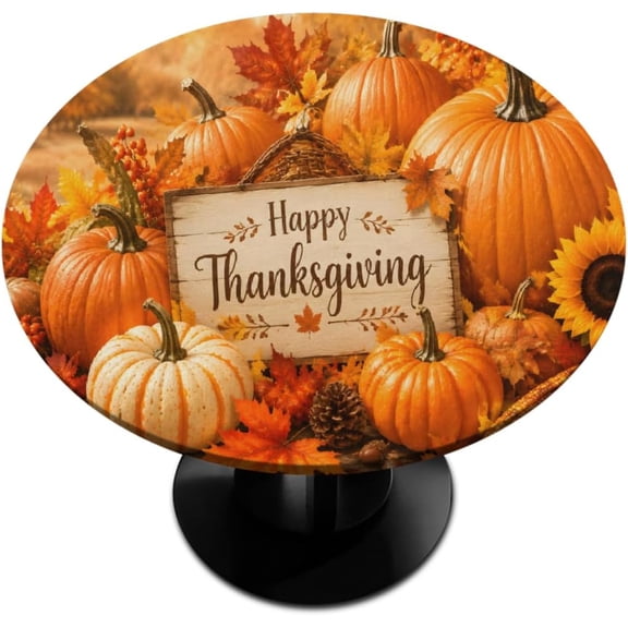 Fit 40"-44" Table Fitted Round Tablecloth, Autumn Fall Pumpkin Pad Table Cover Fitted with Elastic Waterproof Wipeable for Outdoor Party Patio