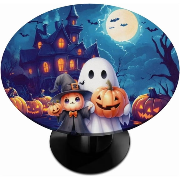 Fit 40"-44" Tables Fitted Round Tablecloth, Halloween Ghosts Small Size Table Cover Fitted with Elastic Waterproof Wipeable for Outdoor Party Patio