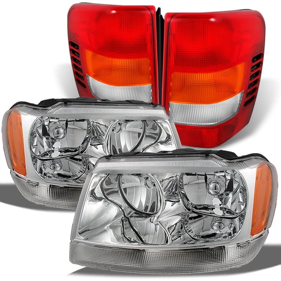 AKKON - For Jeep Grand Cherokee SUV Clear Headlights + Red Clear Tail Lights Left & Right Replacement Pair Set