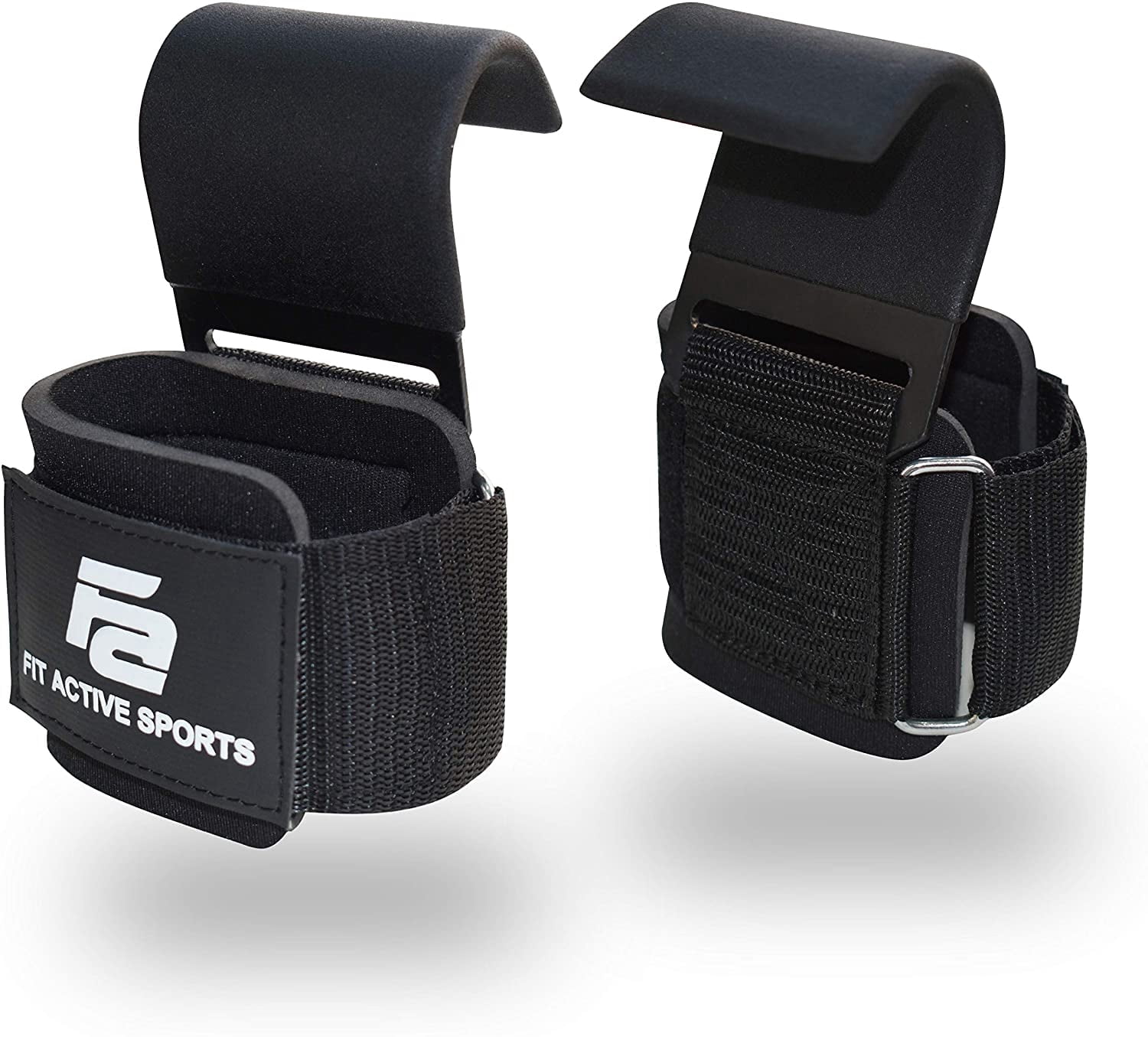 Fit Active Sports Heavy Duty Steel Weight Lifting Hooks with Wrist Straps - for Gym Barbell Deadlift Power Lifting Workouts - Workout Grips with Padded Straps - Great for Men and Women