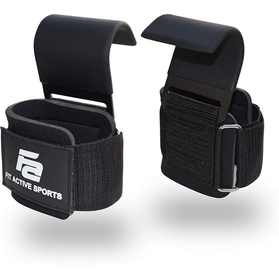 Fit Active Sports Heavy Duty Steel Weight Lifting Hooks with Wrist Straps - for Gym Barbell Deadlift Power Lifting Workouts - Workout Grips with Padded Straps - Great for Men and Women