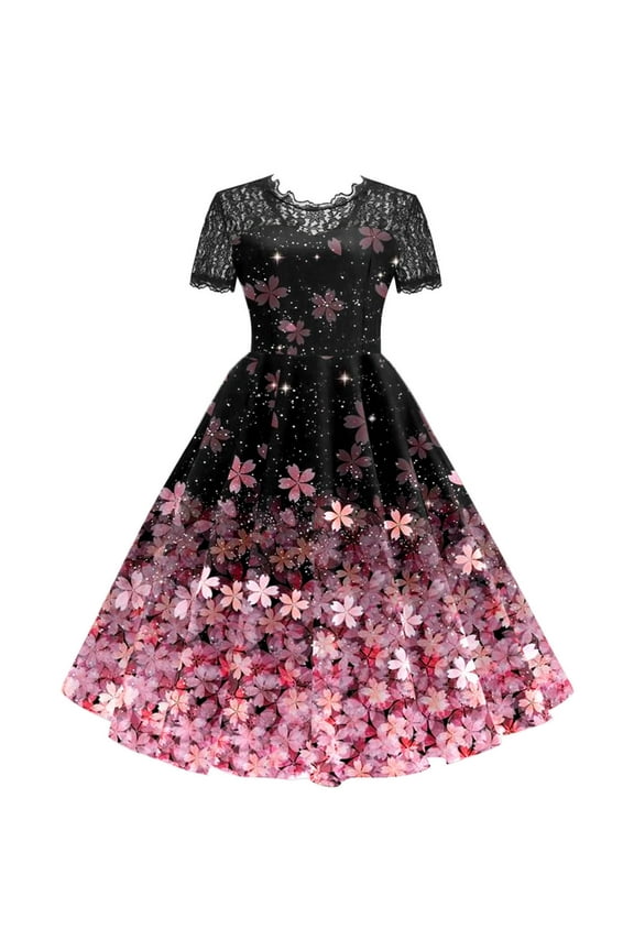 Fit And Flare Print Short Sleeve Prom Dress, M (Women's)