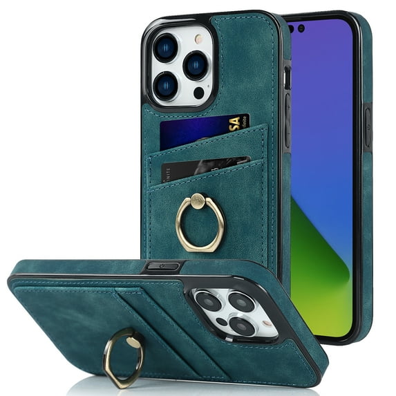 Fit for Apple iPhone 14 Pro Max Case with Card Pocket 360° Rotatable Ring Holder Kickstand, Shockproof Drop Resistant PU Leather Soft TPU Back Protective Phone Case For iPhone 14 Pro Max, Blue