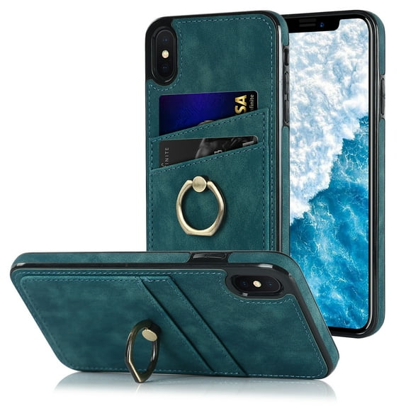 Fit for Apple iPhone XS Max Case with Card Pocket 360° Rotatable Ring Holder Kickstand, Shockproof Drop Resistant PU Leather Soft TPU Back Protective Phone Case For iPhone XS Max, Blue