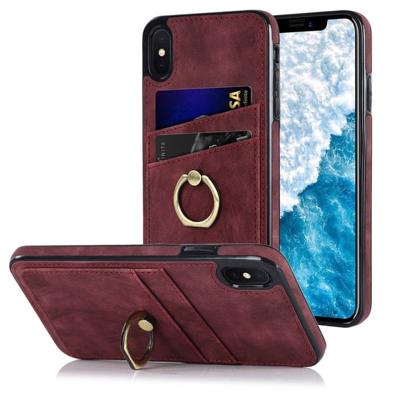 Fit for Apple iPhone XS Max Case with Card Pocket 360° Rotatable Ring Holder Kickstand, Shockproof Drop Resistant PU Leather Soft TPU Back Protective Phone Case For iPhone XS Max, Winered