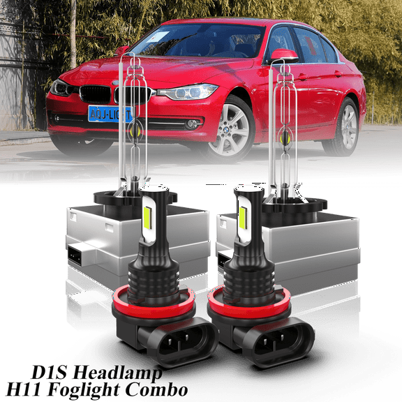 Fit for BMW 328i 2009-2013 – D1S Xenon Headlight  + H11/H9/H8 LED Foglights Bulbs Combo 4 Pack, 6000K Diamond White 3800LM Super Bright, Auto Headlamp Upgrade Set