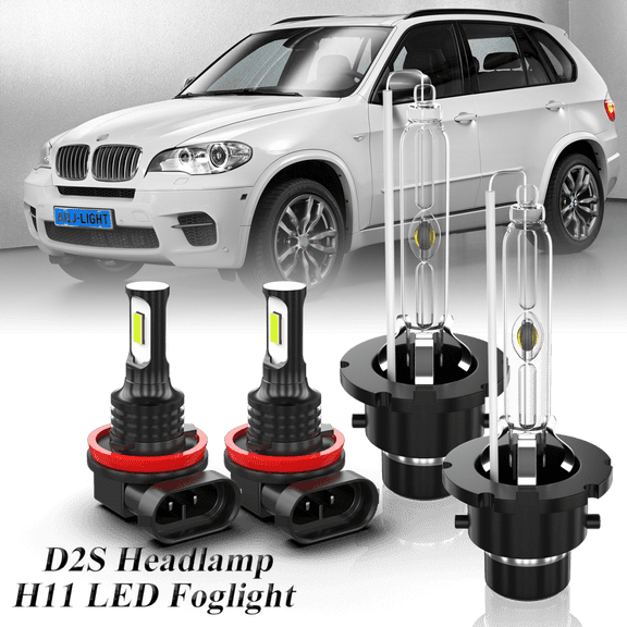 Fit for BMW X5 2002-2005 – D2S Xenon Headlight + H11/H9/H8 LED Foglights Bulbs Combo 4 Pack, 6000K Diamond White 3800LM Super Bright, Auto Headlamp Upgrade Set