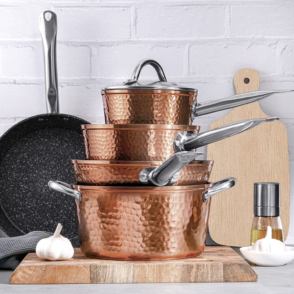 Fit Choice 8 Pieces Steel Hammered Copper Cookware Set Pots and Pans W/Non- stick Coating & Aluminum Composition Finishes, Cookware Set Copper  Dishwasher Safe For All Cooktops (8 Pieces) 