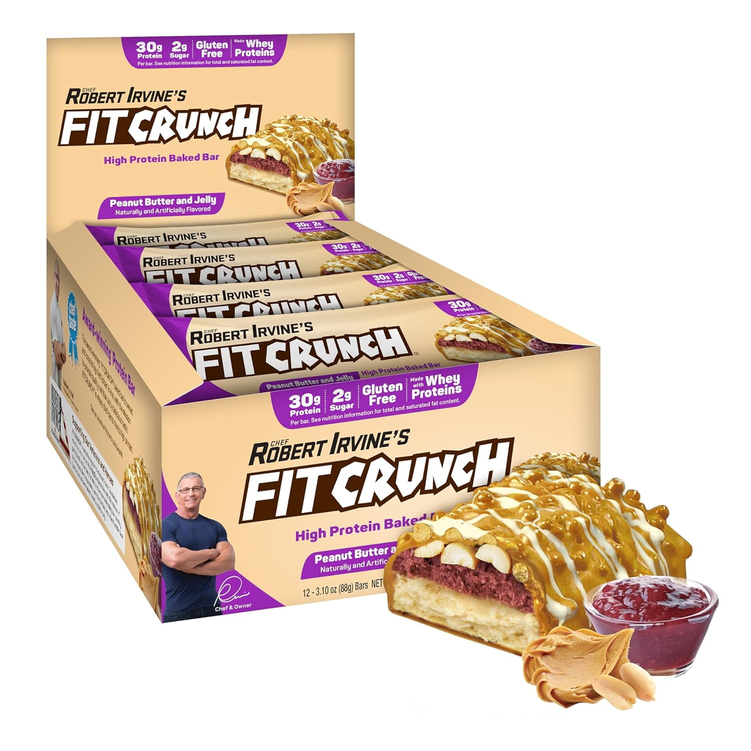Fit Crunch Protein Bar, Peanut Butter & Jelly, 30g Protein, 12 Ct