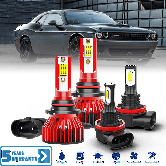 Fit for Dodge Challenger 2015-2023 9012+H11 LED Light Bulbs Combo 4 Pack, 6,500K Cool White 30,000LM Super Bright, Premium LED High/Low Beam + Foglights Lamp Upgrade Set