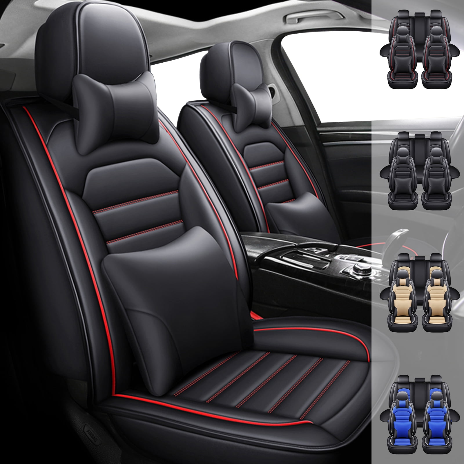 Fit for Ford Escape 2002-2025 Car Seat Cover, 5-Seat Breathable Faux Leather Automotive Cushion Protector with Pillows for Fiesta Fusion Mondeo Taurus Black Red