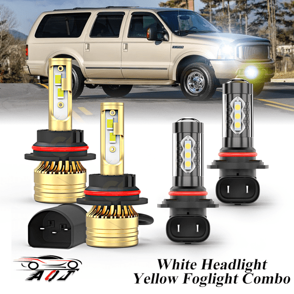 Fit for Ford Excursion 1999-2004 LED Bulb Combo 4 Pack, 6,000K White 1000,000LM Super Bright Headlight + 3500K Amber Yellow Foglight Bulb Set, Premium LED Lamp Upgrade Set
