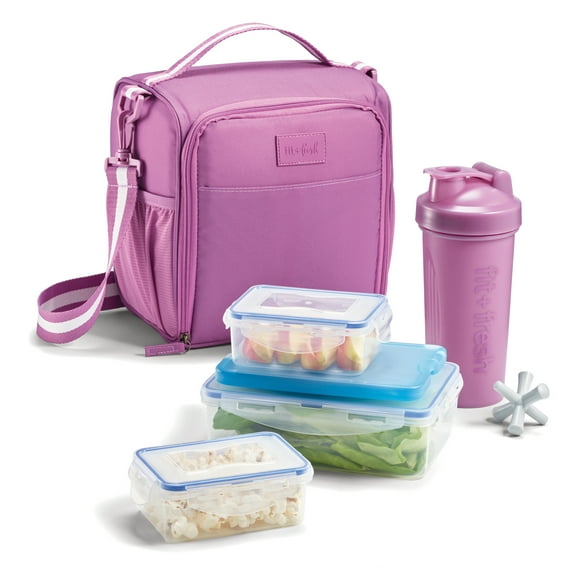 Fit + Fresh 6 pc Meal Prep Lunch Box With Containers, Ice Pack, and Shaker Bottle For Adults, Pink