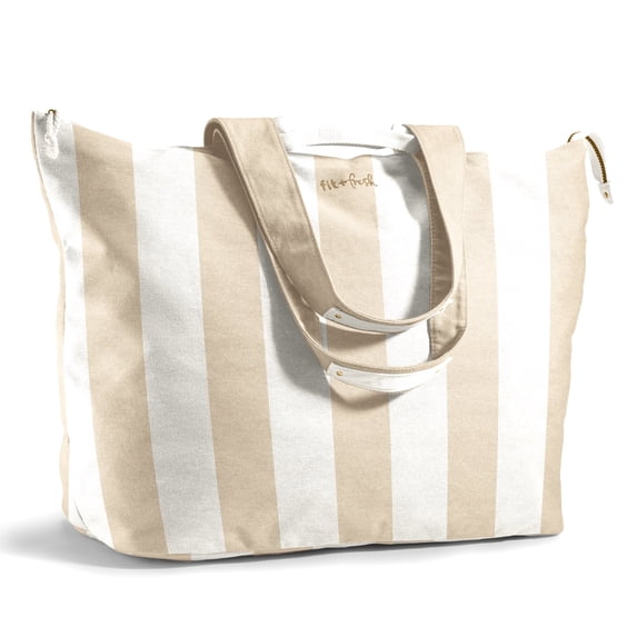 Fit + Fresh All the Things XL Tote Bag, Oversized Water-Resistant Canvas Zipper Tote with Internal Pockets, Taupe Stripe