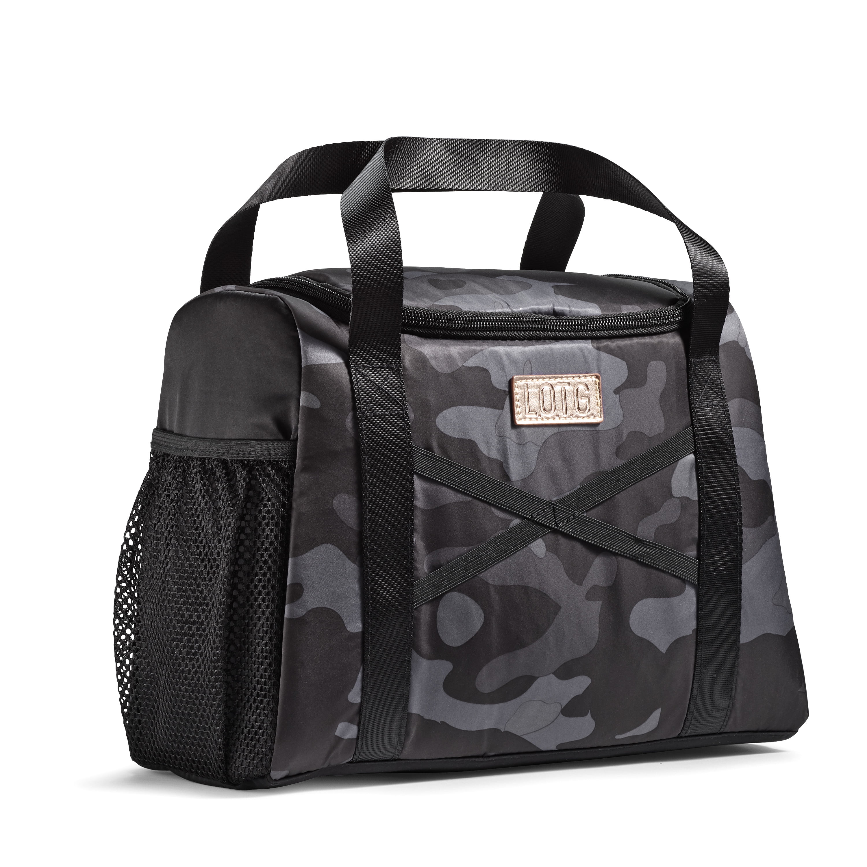 Fit + Fresh Athleisure Reusable Insulated Fashion Lunch Tote with Satin Strap, Black Camo