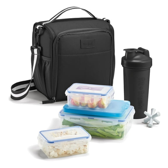 Fit + Fresh 6 pc Meal Prep Lunch Box With Containers, Ice Pack, and Shaker Bottle For Adults, Black