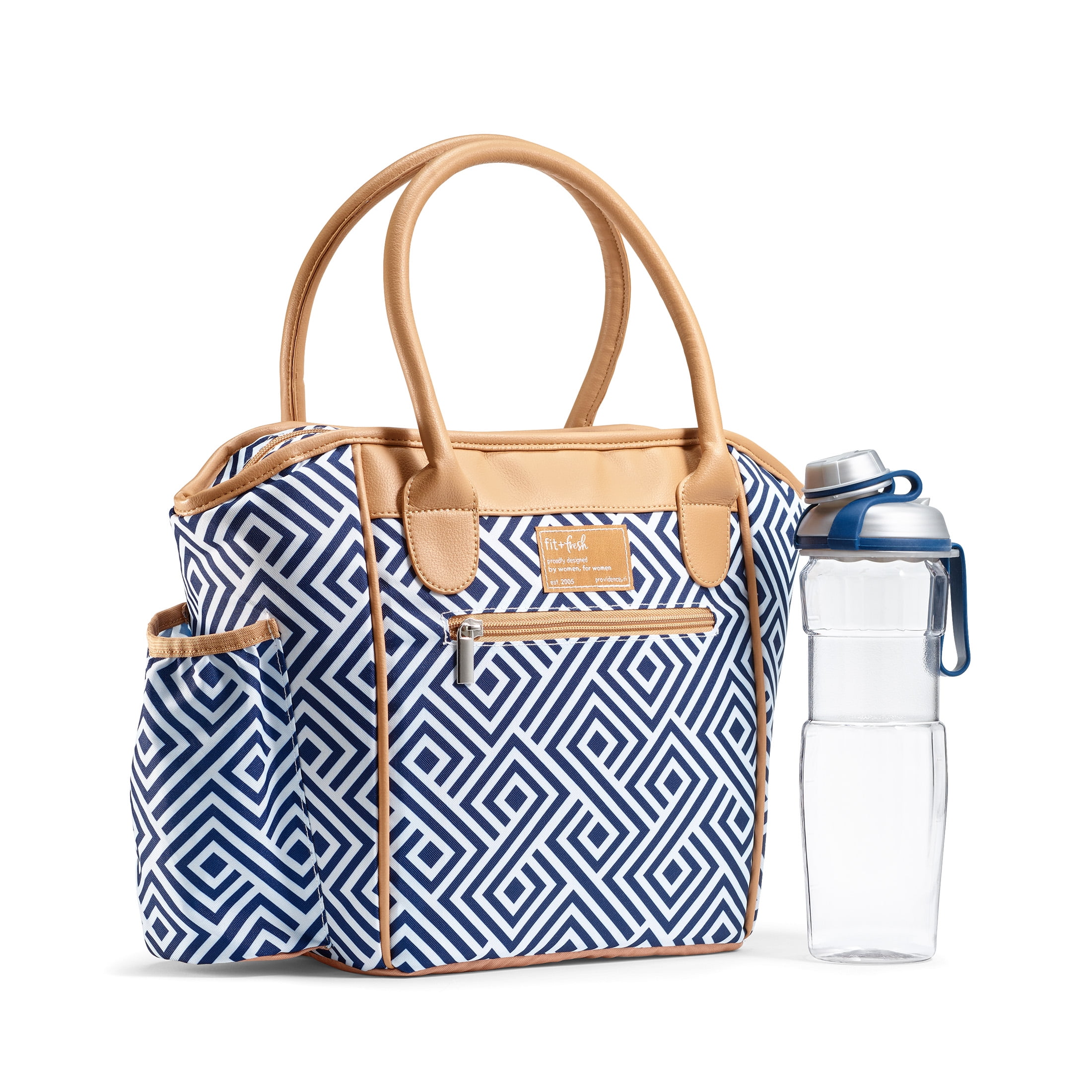 Fit & Fresh Beechwood Lunch Bag for Women, Women's Large Reusable Lunch Tote,  Includes Bottle, Navy 