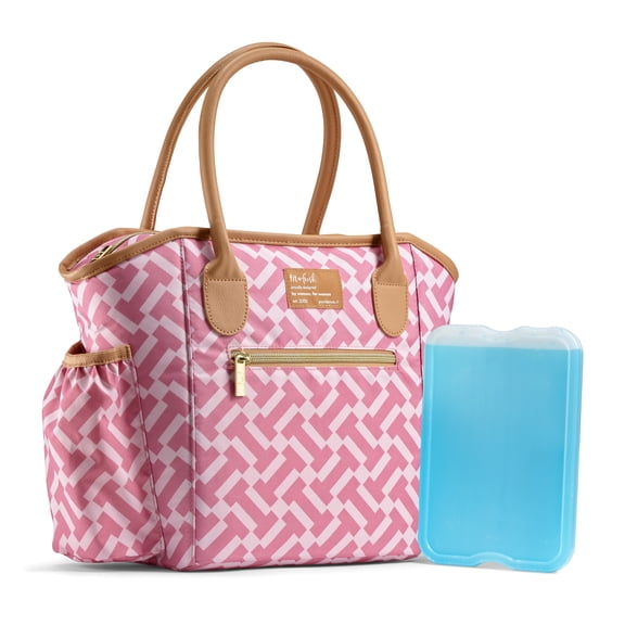Fit & Fresh Beechwood Lunch Bag for Women, Women's Large Reusable Lunch Tote, Includes XL Slim Ice, Pink Geometic Print, Ideal Use for Workday Meals and Travel