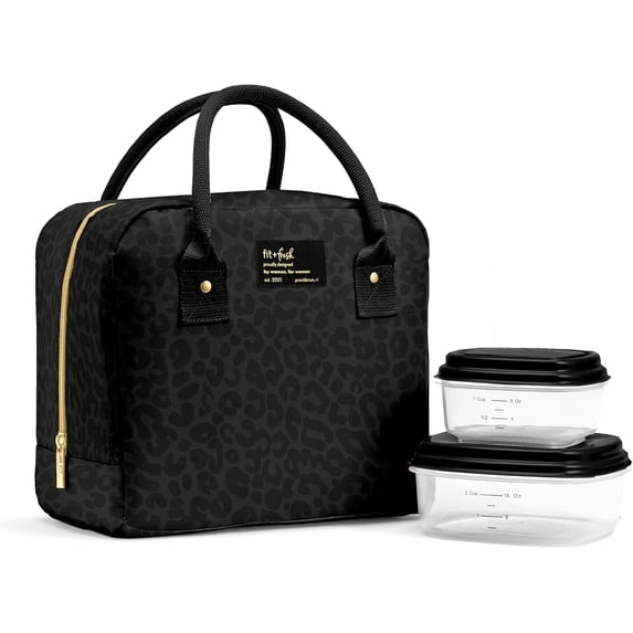 Fit + Fresh Bloomington Lunch Bag with two containers - Black Leopard Print
