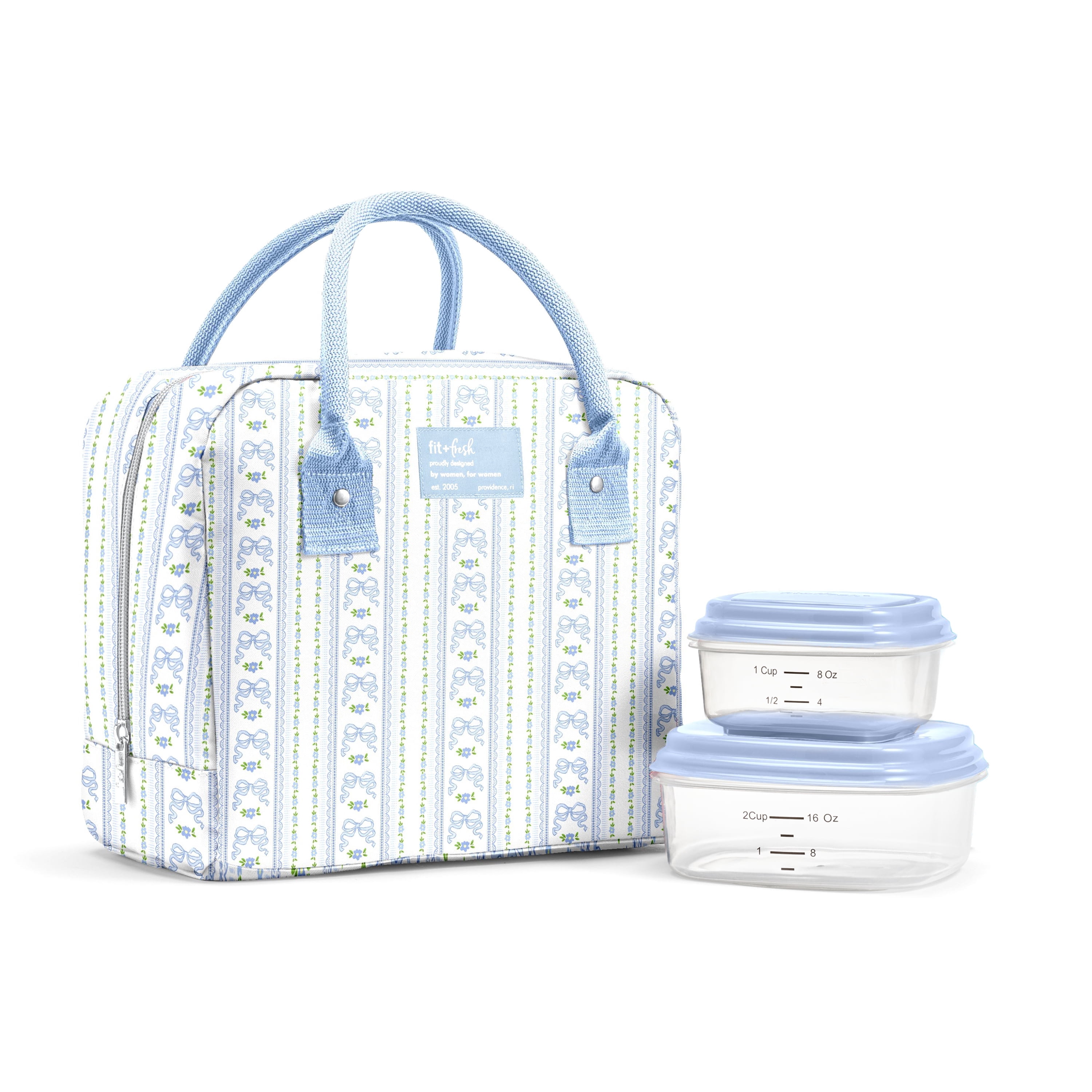 Fit + Fresh Bloomington Womens Lunch Bag, Insulated Lunch Box With Containers, Blue Wallpaper Bows