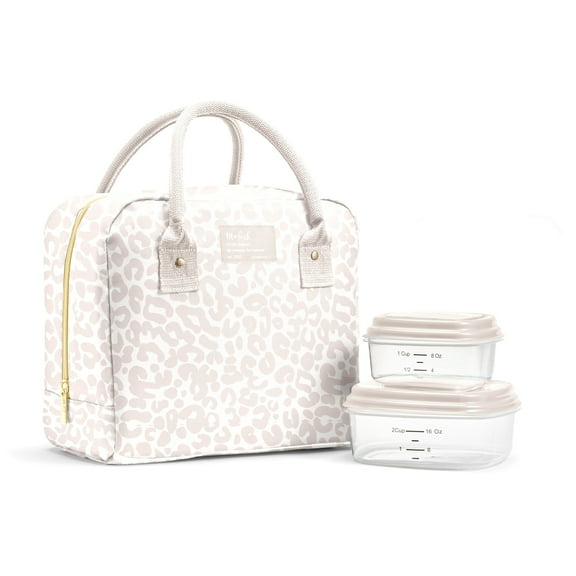 Fit + Fresh Bloomington Womens Lunch Bag, Insulated Lunch Box With Containers, Feline Fine Ivory