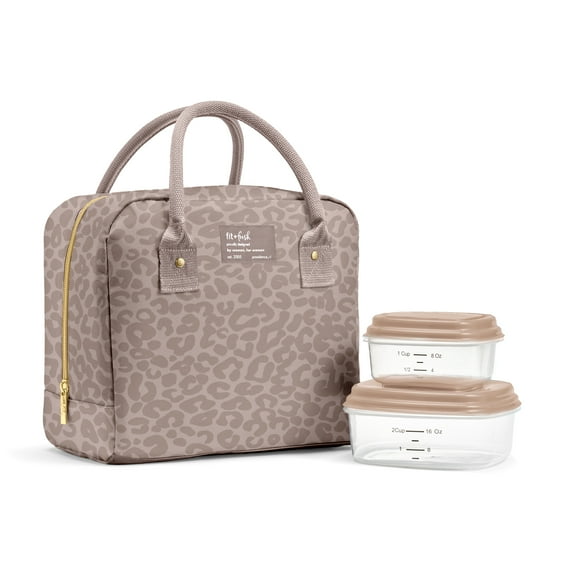 Fit + Fresh Bloomington Womens Lunch Bag, Insulated Lunch Box With Containers, Feline Fine Mocha