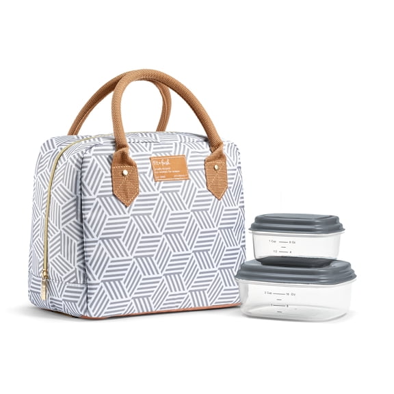 Fit + Fresh Bloomington Womens Lunch Bag, Insulated Lunch Box With Containers, Gray Geo