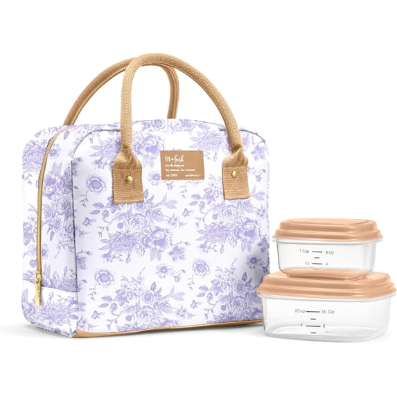 Fit + Fresh Bloomington Womens Lunch Bag, Insulated Lunch Box With Containers, Lavender Floral Toile