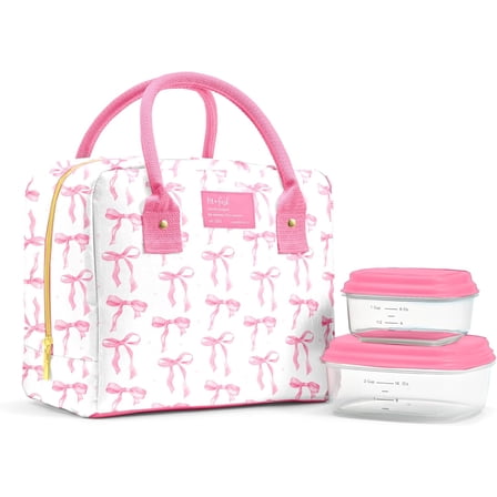 Fit   Fresh Bloomington Womens Lunch Bag, Insulated Lunch Box With Containers, Pink Bows