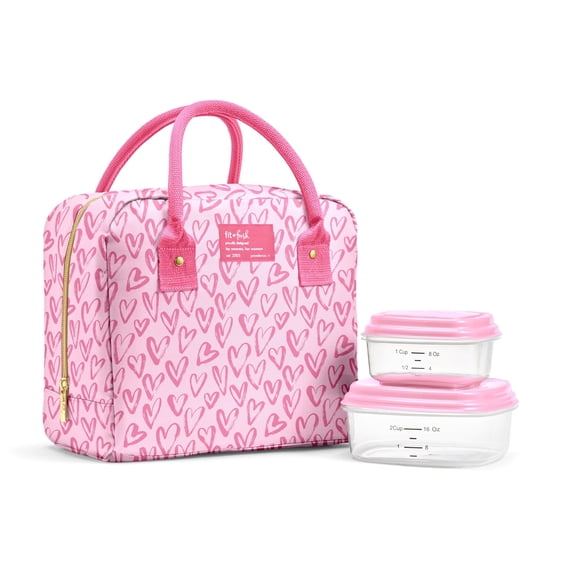 Fit + Fresh Bloomington Womens Lunch Bag, Insulated Lunch Box With Containers, Pink Doodle Hearts