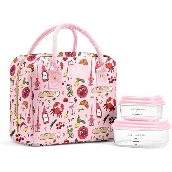 Fit + Fresh Bloomington Womens Lunch Bag, Insulated Lunch Box With Containers, Pink Pasta Dinner