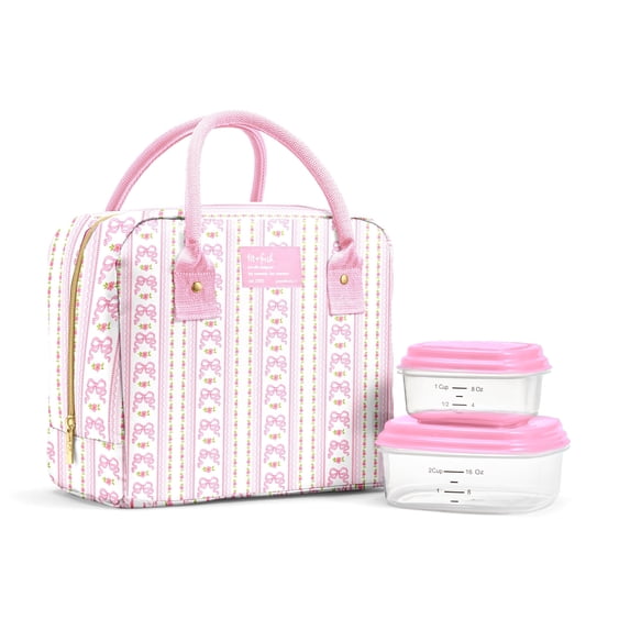 Fit + Fresh Bloomington Women's Lunch Bag with Containers, Pink Bows and Stripes