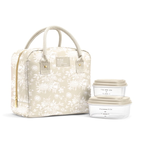 Fit + Fresh Bloomington Womens Lunch Bag, Insulated Lunch Box With Containers, Tan Floral Toile