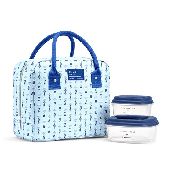 Fit + Fresh Bloomington Womens Lunch Bag, Insulated Lunch Box With Containers, Tiny Blue Flowers