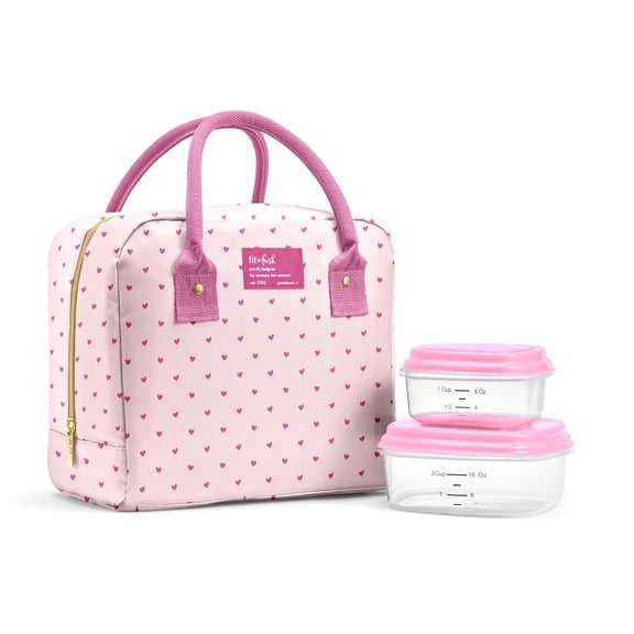 Fit + Fresh Bloomington Womens Lunch Bag, Insulated Lunch Box With Containers, Tiny Pink Hearts