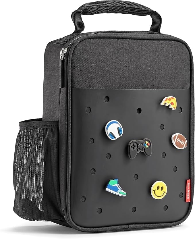 Fit + Fresh Black Charm Insulated Lunch Bag with 6 Shoe Charms for Kids, Boys and Girls