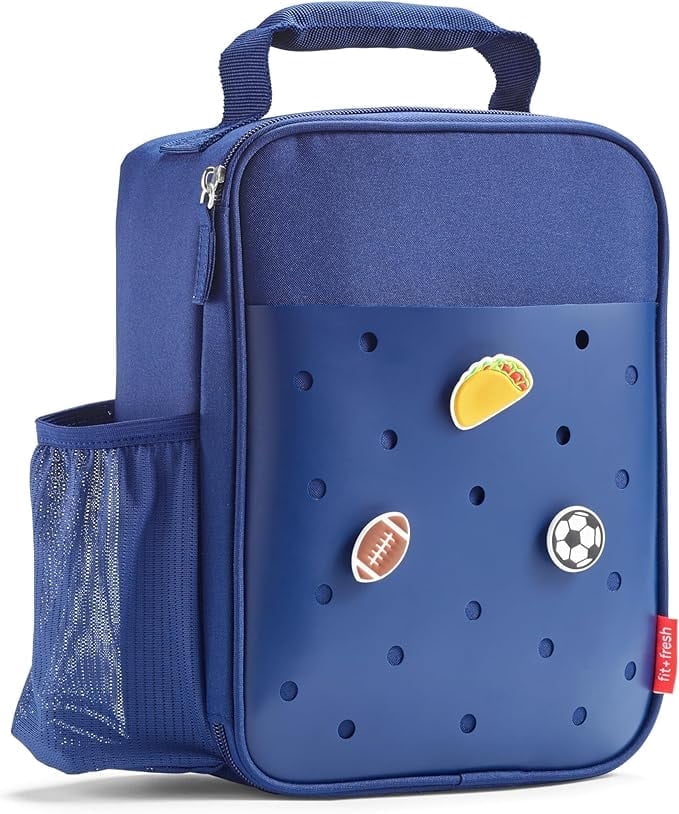 Fit + Fresh DIY Kids Insulated Lunch Bag, Includes 6 Shoe Charms, Blue