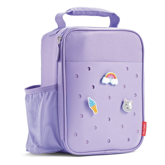 Fit+Fresh Charm Insulated Lunch Bag For Kids, Boys+Girls With Shoe Charm Slots, Purple