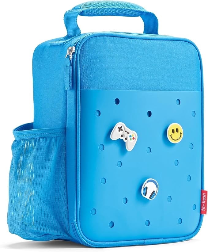 Fit+Fresh Charm Insulated Lunch Bag For Kids, Boys+Girls With Shoe Charm Slots, Teal