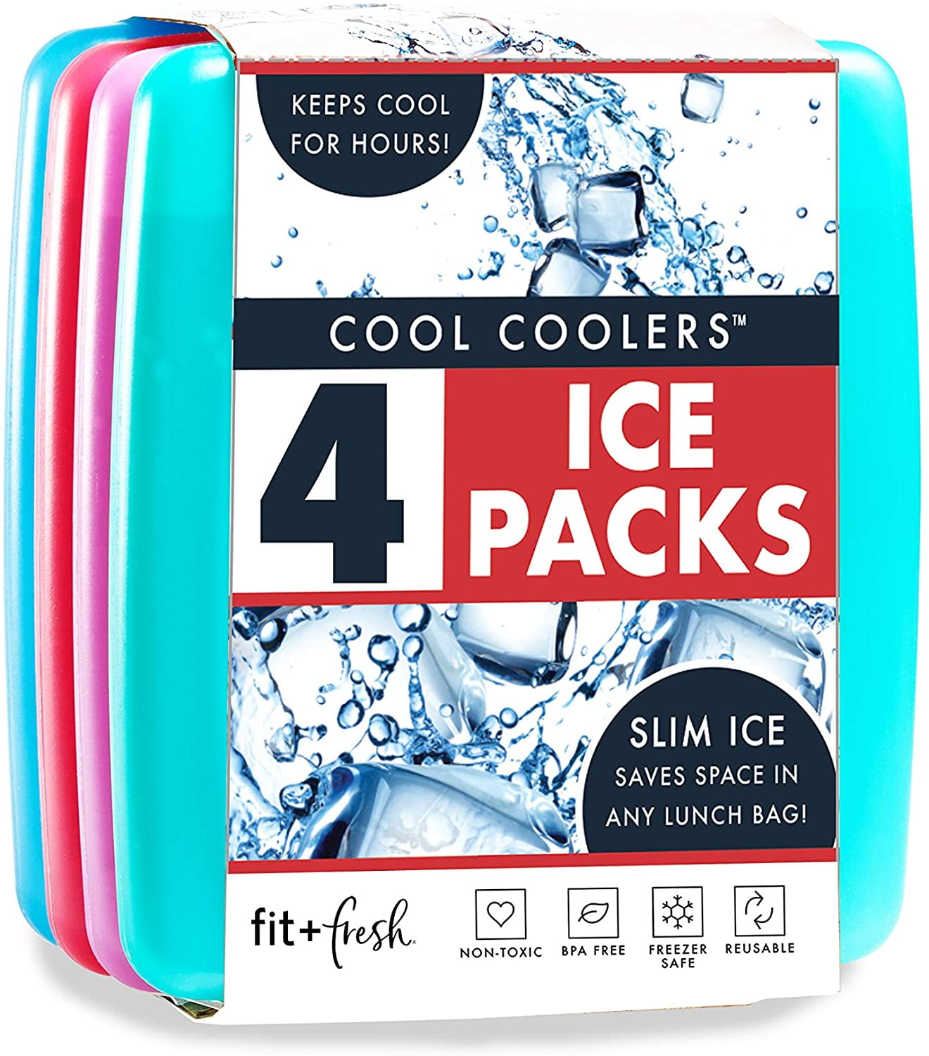 Fit & Fresh Cool Coolers Slim Reusable Ice Packs for Lunch Boxes, Lunch Bags and Coolers, Set of 4, Multicolored
