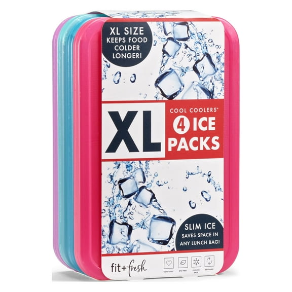 Cool Coolers by Fit & Fresh, Reusable & Long-Lasting XL Slim Ice Packs, Multi Colored, 4pk.