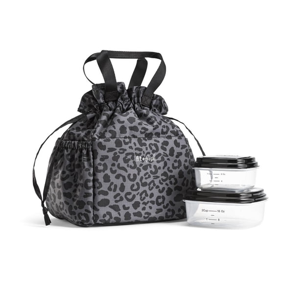 Fit + Fresh Cromwell Leak Proof Insulated Drawstring Lunch Bag with 2 Containers, Black Leopard