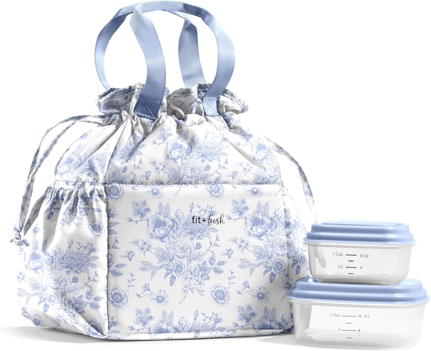 Fit + Fresh Cromwell Women's Lunch Bag, Cinch Closure Lunch Box With Containers, Cornflower Toile