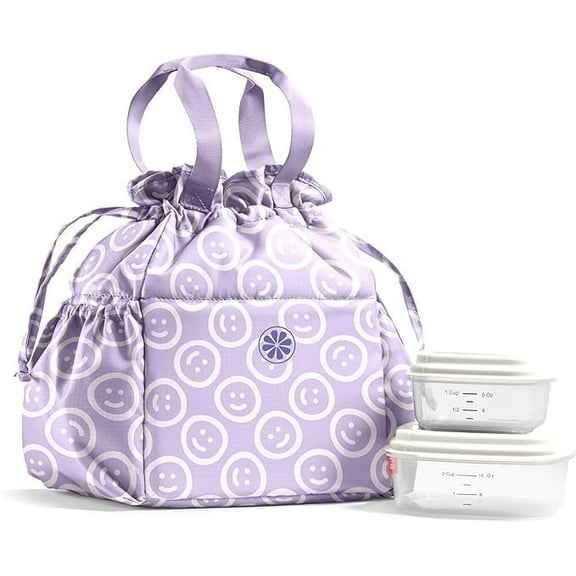 Fit + Fresh Cromwell Women's Lunch Bag, Cinch Closure Lunch Box With Containers, Smiles Lavender