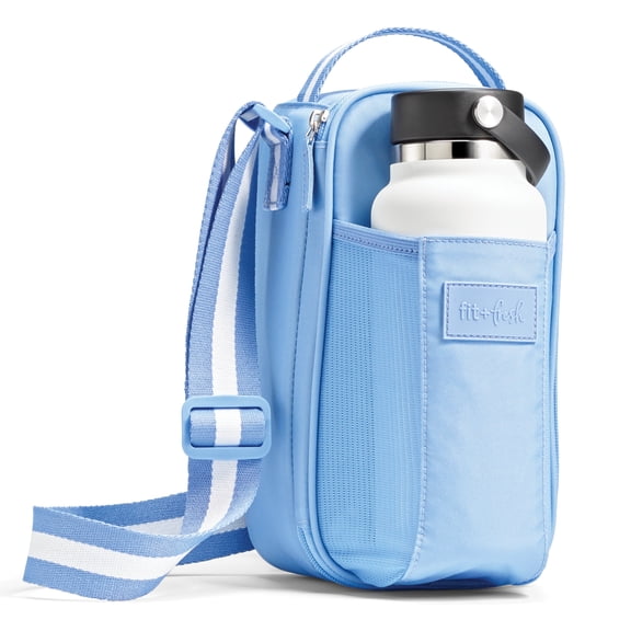 Fit+Fresh Crossbody Water Bottle Carrier with Insulated Compartment, fits 40oz Tumbler Cup, Blue